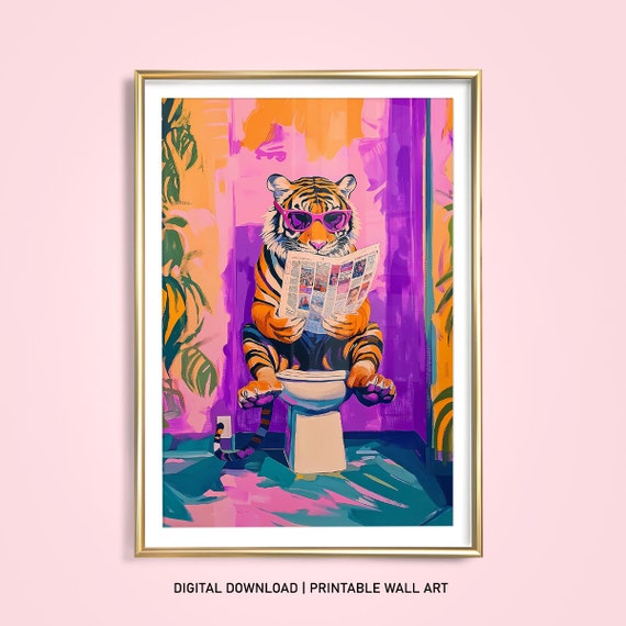 Funny Pink Preppy Boho Tiger Bathroom Art Print