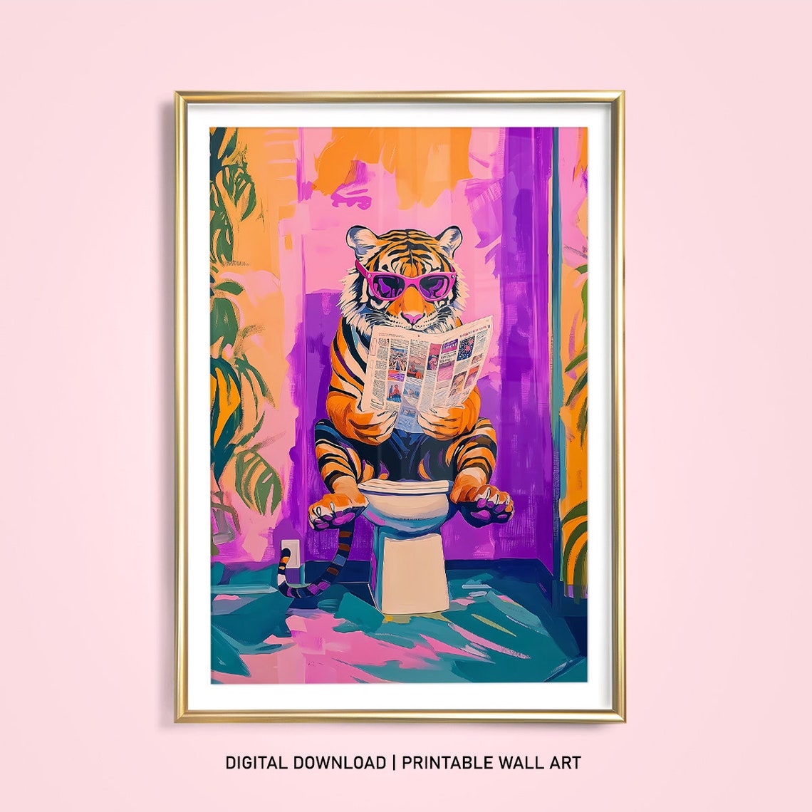 Funny Pink Preppy Boho Tiger Bathroom Art Print