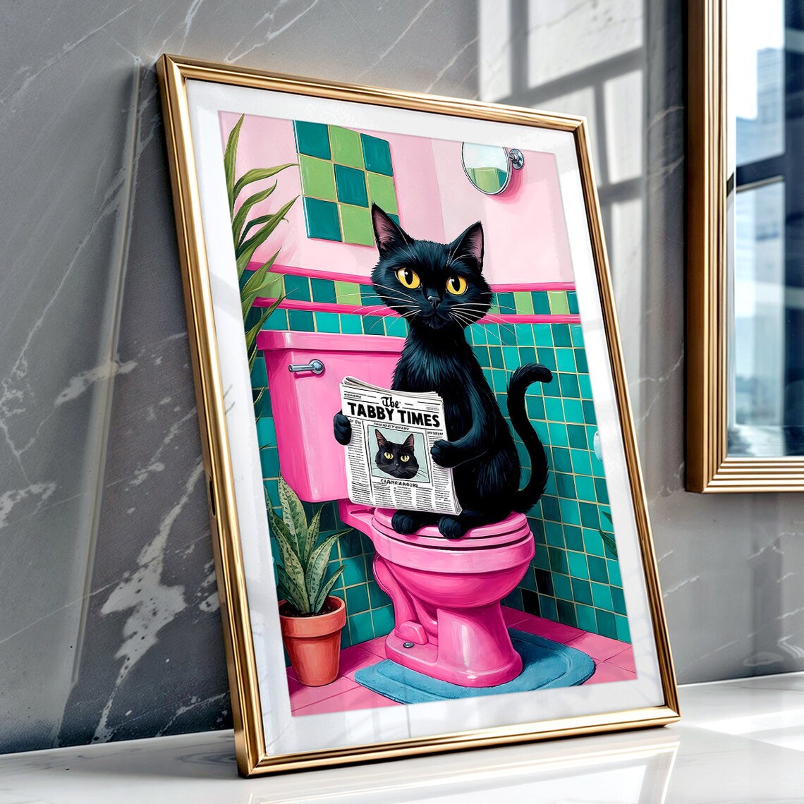 Black Cat Reading Tabby Times Retro Pink Bathroom Humor Poster - Image 4