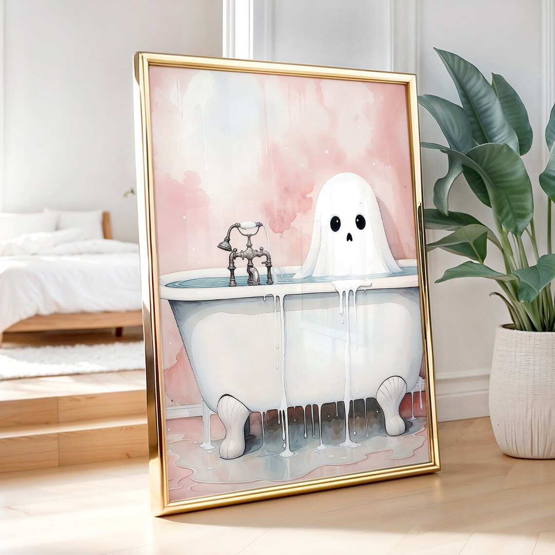 Cute Ghost In Bath Pink Halloween Bathroom Art - Image 5
