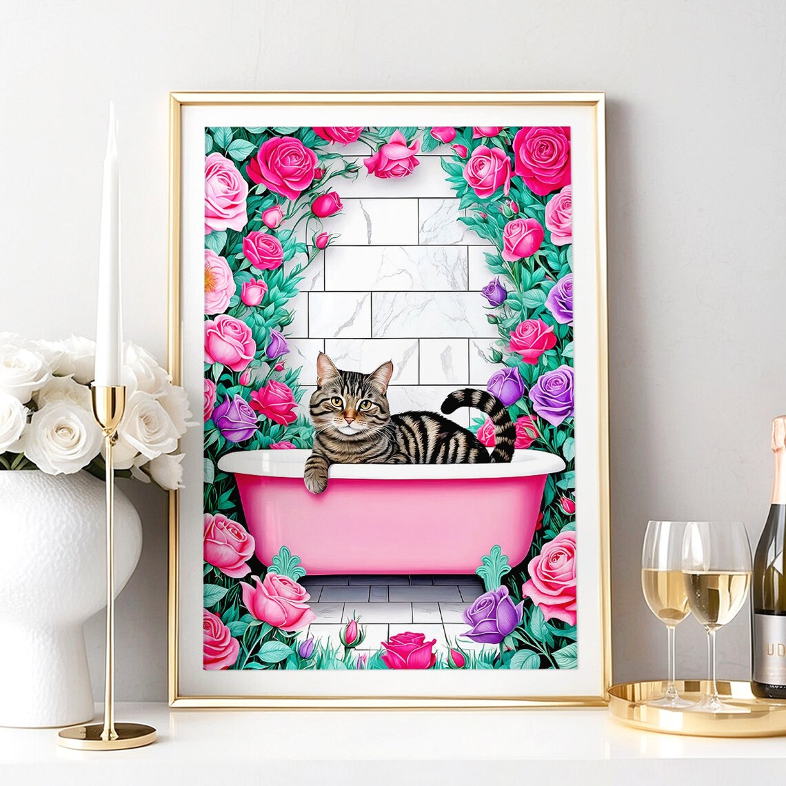 Tabby Cat Pink Bathtub Roses Funny Bathroom Floral Wall Poster - Image 2