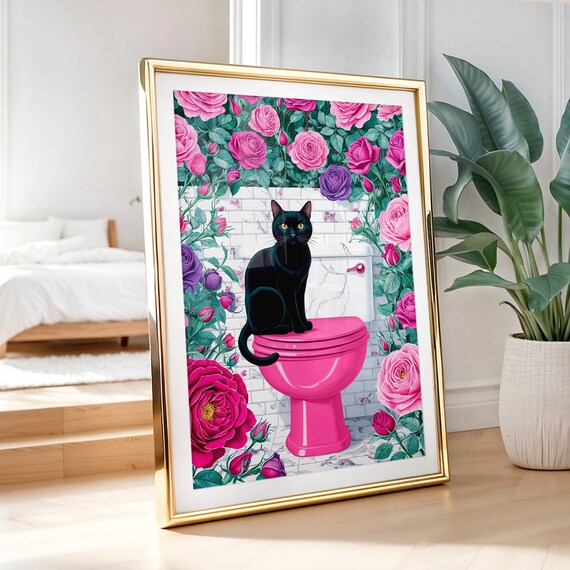 Black Cat Sitting On Pink Toilet Surrounded By Roses Bathroom Poster