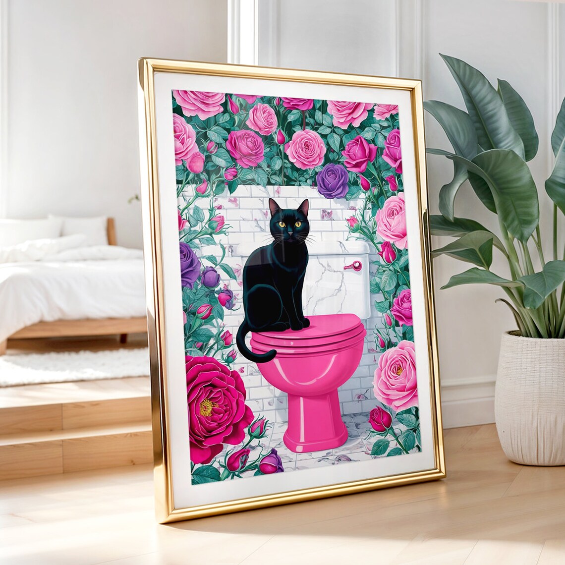 Black Cat Sitting On Pink Toilet Surrounded By Roses Bathroom Poster