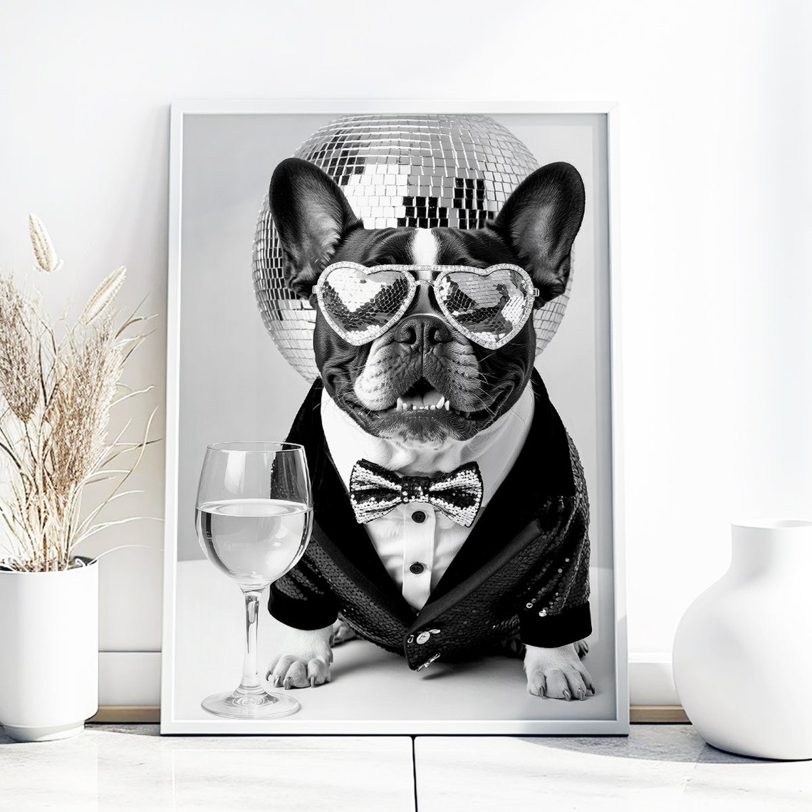 French Bulldog Wall Art Dog Drinking Wine Print Bulldog Poster Funny Dog Gift French Bulldog Gift Bar Cart Dog In A Tuxedo - Image 3