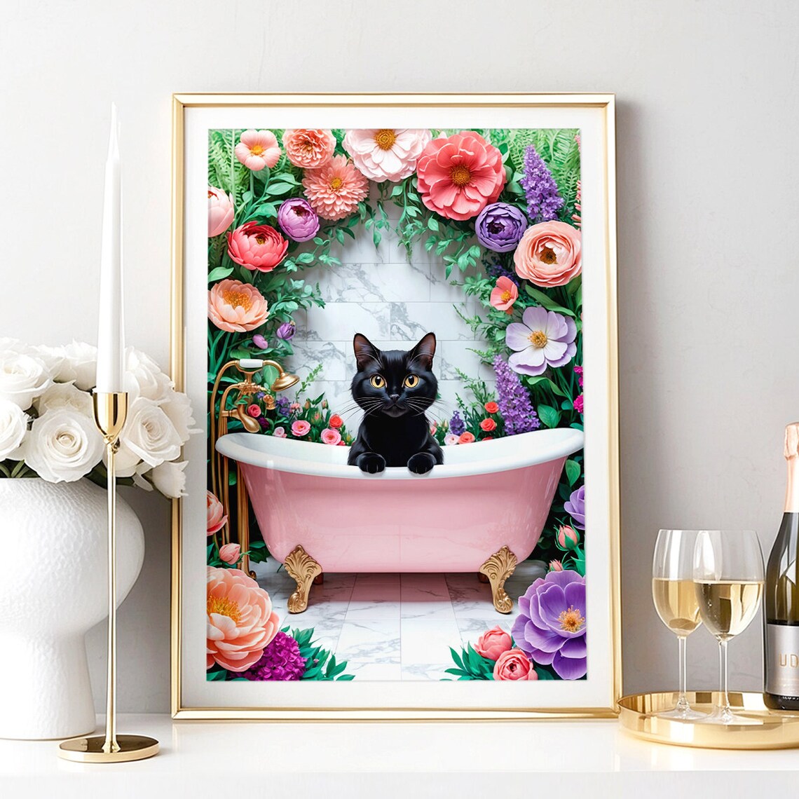 Black Cat Coral Floral Pink Bathtub Rose Garden Bathroom Wall Poster - Image 3