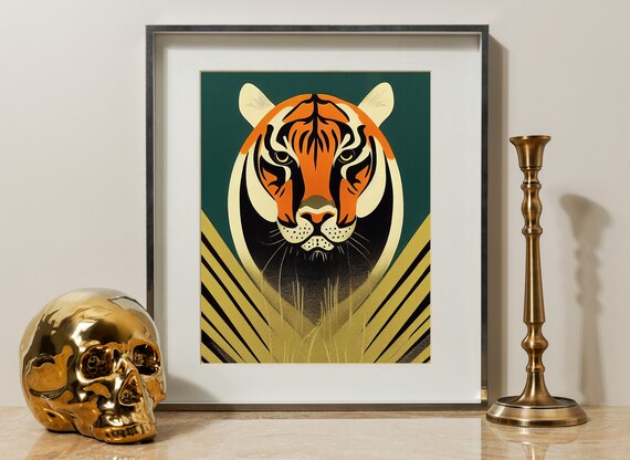 Bold Art Deco Tiger Head in Green and Gold Sunburst Wall Poster