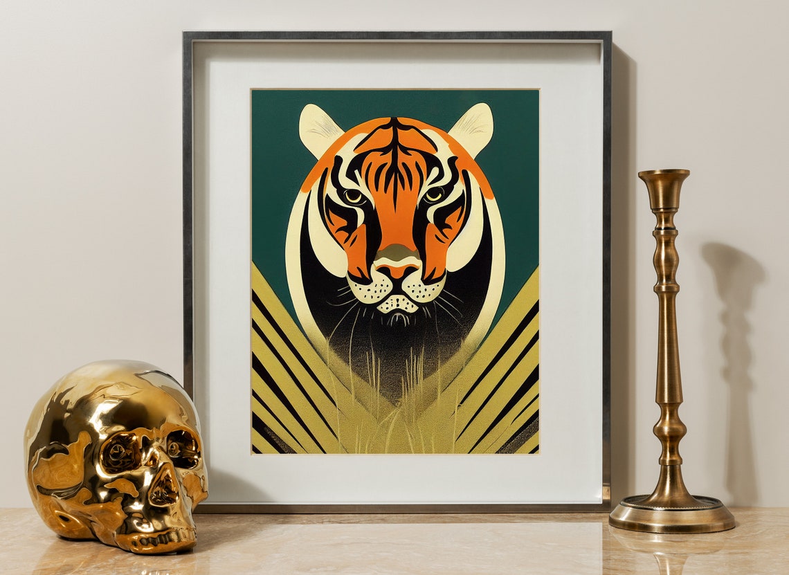 Bold Art Deco Tiger Head in Green and Gold Sunburst Wall Poster