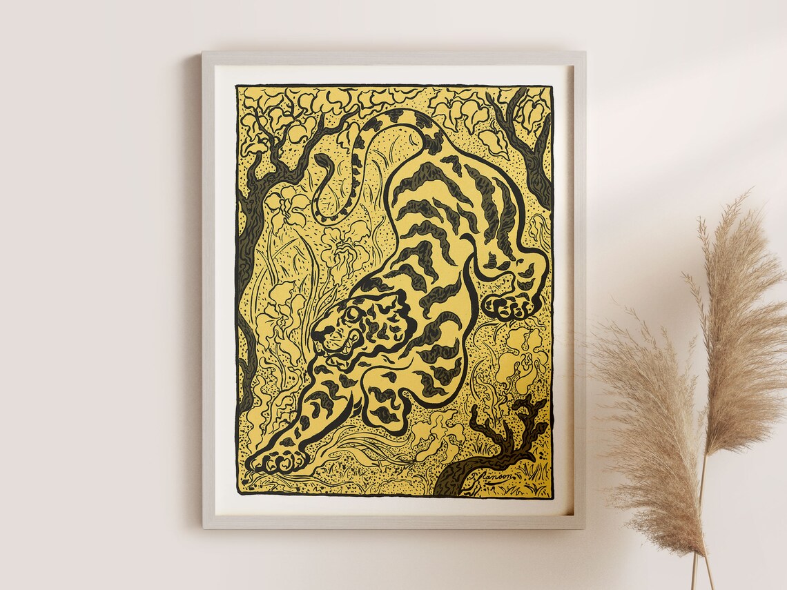 Golden Tiger Prowling Through Black Woodcut Jungle Art Nouveau Poster - Image 2