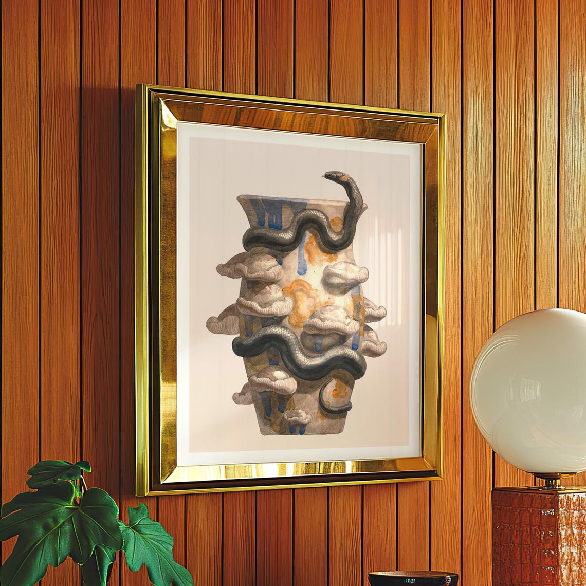 Black Snake Coiled Around an Ancient Mushroom Covered Vase Poster