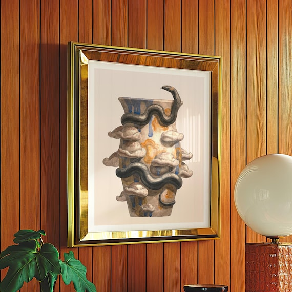 Black Snake Coiled Around an Ancient Mushroom Covered Vase Poster