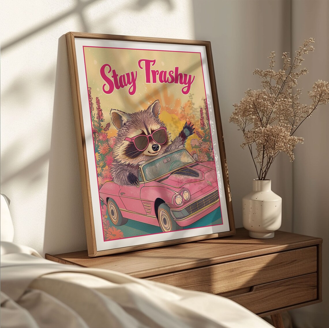Stay Trashy Raccoon Retro Art Print, Cute Pink Decor - Image 2