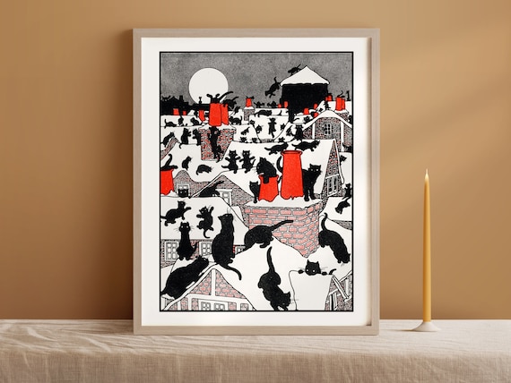 Black Cats on Snowy Rooftops With Red Chimneys Moonlit Poster