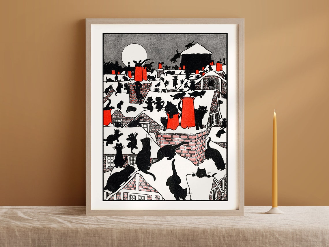 Black Cats on Snowy Rooftops With Red Chimneys Moonlit Poster