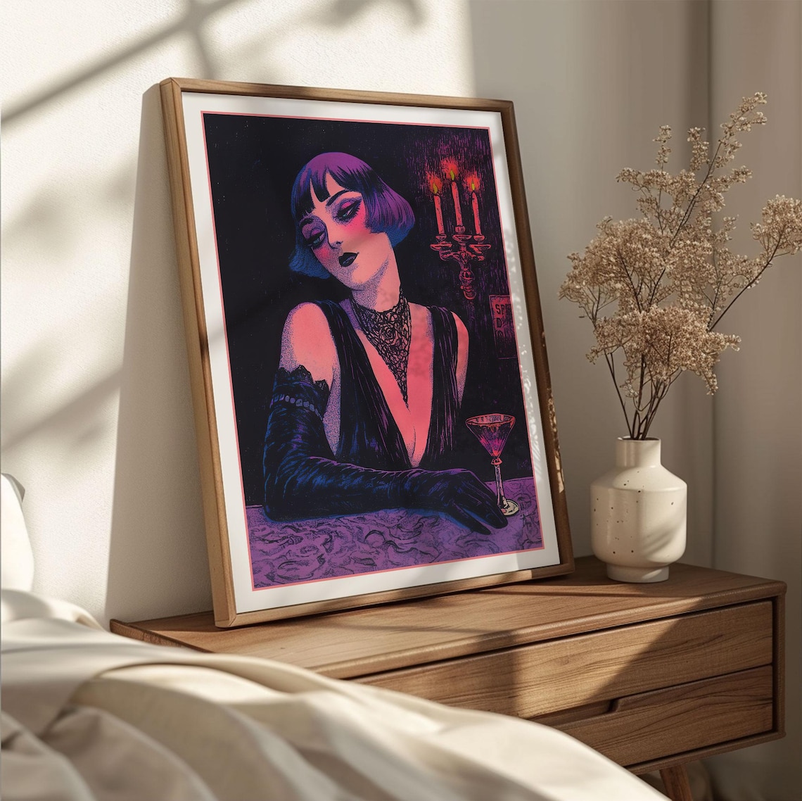 Retro Woodblock Woman at the Bar, Noir Art Print - Image 3