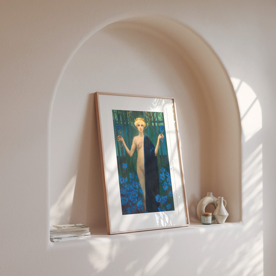 Vintage Nude Woman Holding Blue Flowers Fine Art Print Retro Moody Print Flower Wall Art 2 Sizes - Image 3