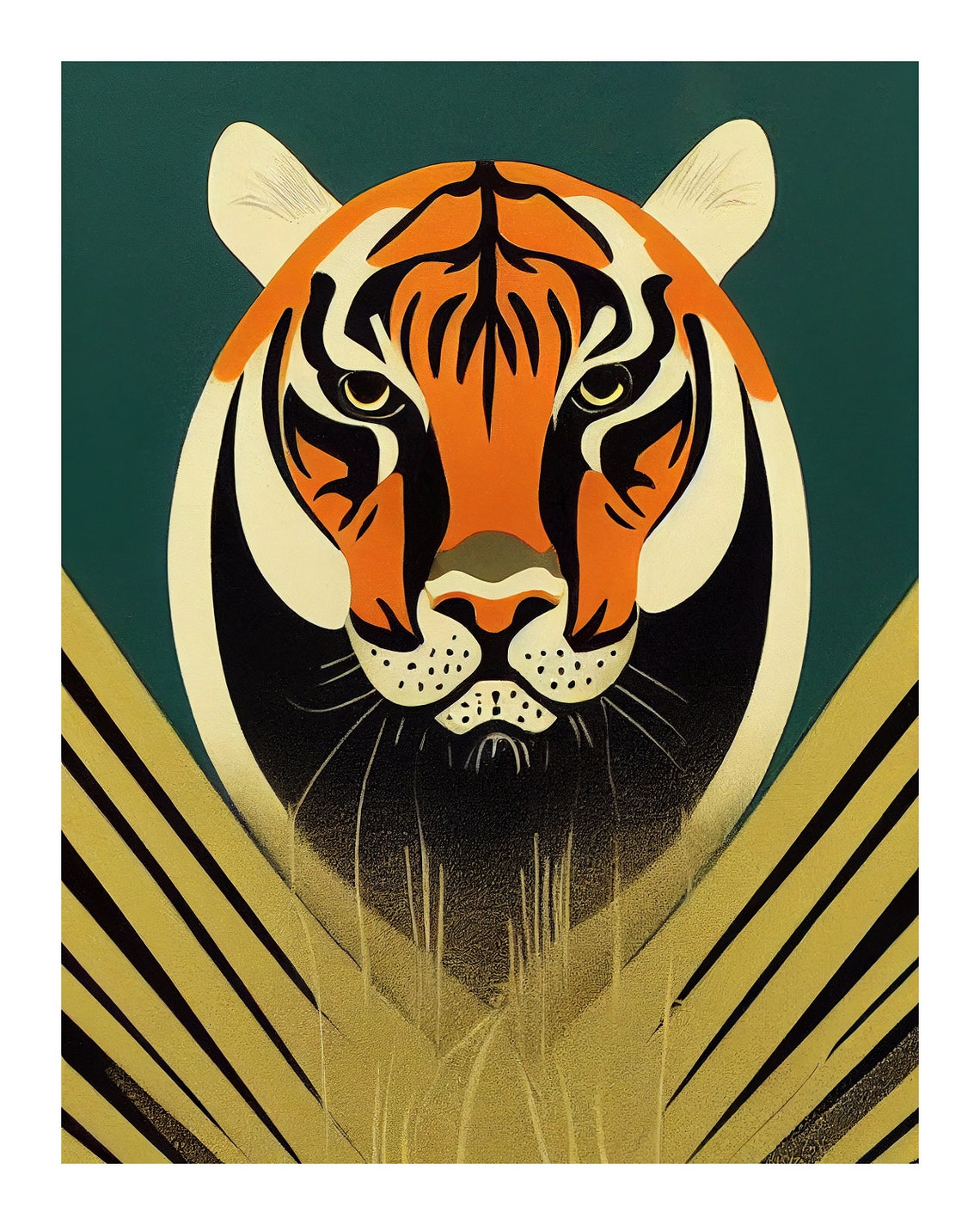 Bold Art Deco Tiger Head in Green and Gold Sunburst Wall Poster - Image 2