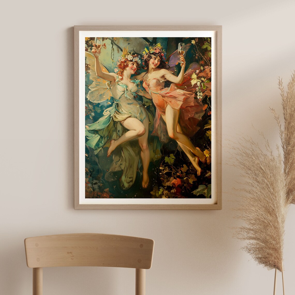 Vintage Oil Painting Fairies Drinking and Flying Art Print - Image 3
