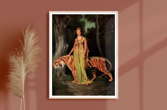 Vintage Woman Walking With Tiger, Retro Art Print