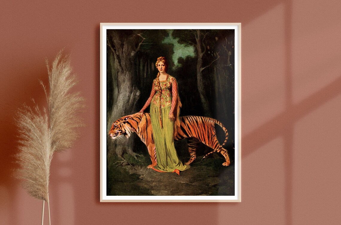 Vintage Woman Walking With Tiger, Retro Art Print