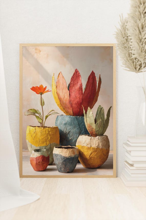 Abstract Clay Pots Collage Print Earthy Modern Wall Art