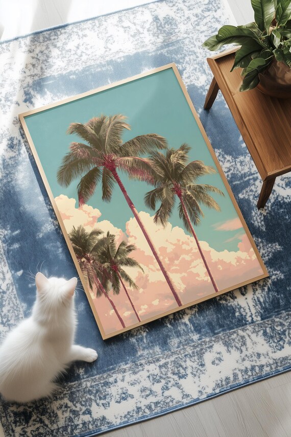 Retro Palm Trees Pink Clouds Nostalgic Vintage Style Wall Art