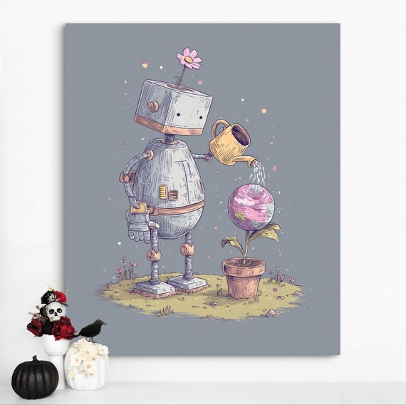 Cute Retro Robot Watering A Planet Flower Whimsical Sci-Fi Art Poster