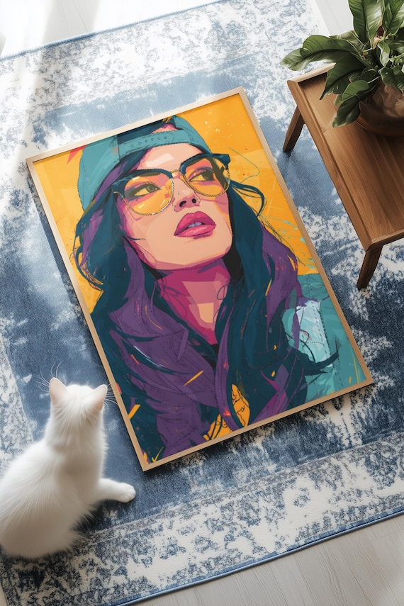 Bold Pop Culture Female Portrait Sunglasses Cap Vibrant Wall Art