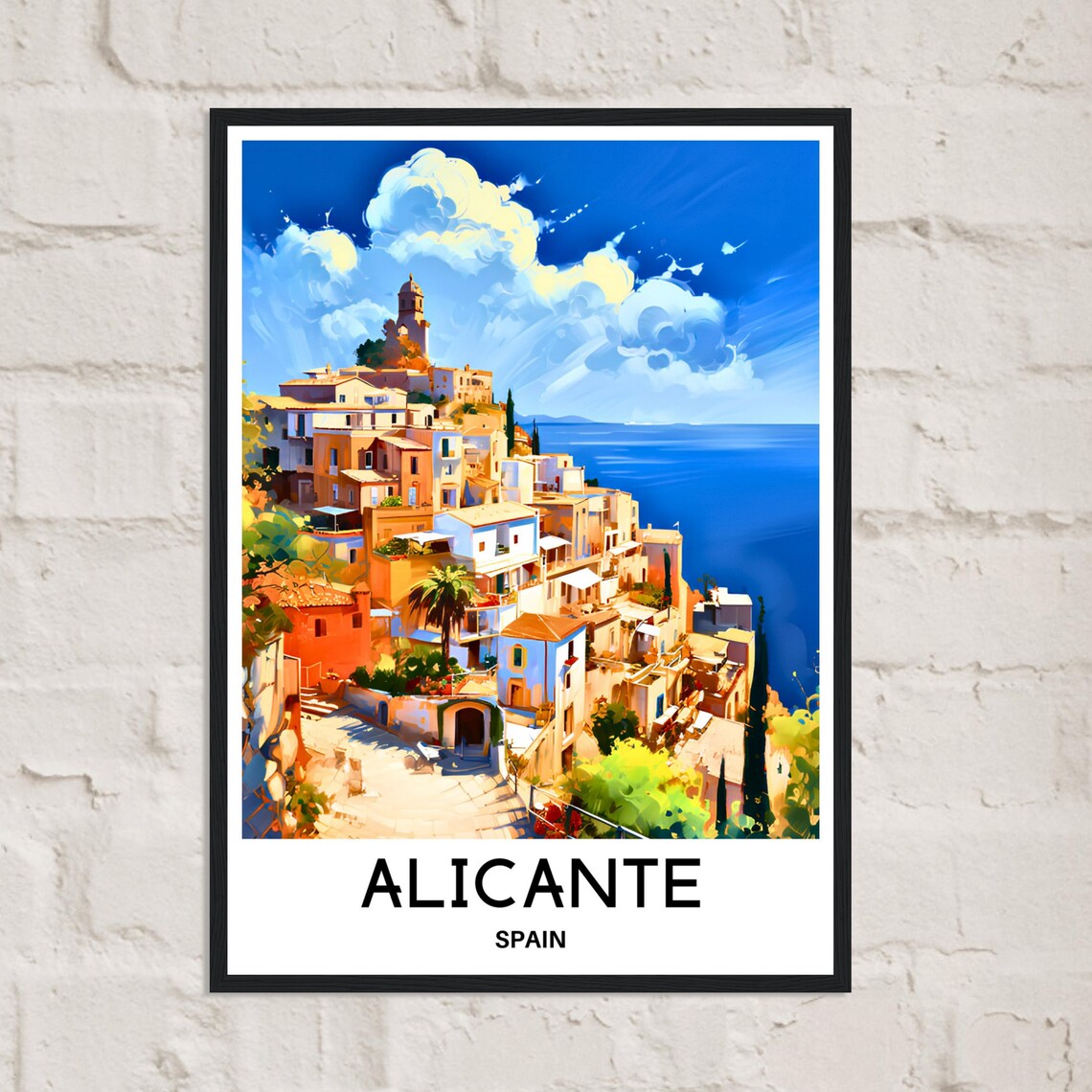 Alicante Spain Sunlit Hilltop Old Town Sea View Travel Art Poster - Image 2