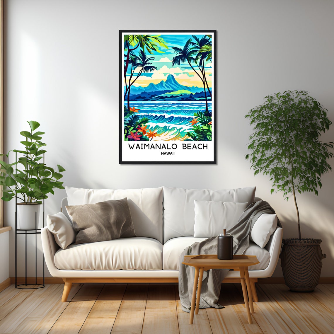 Waimanalo Beach Hawaii Rolling Surf Waves and Palm Trees Poster - Image 2