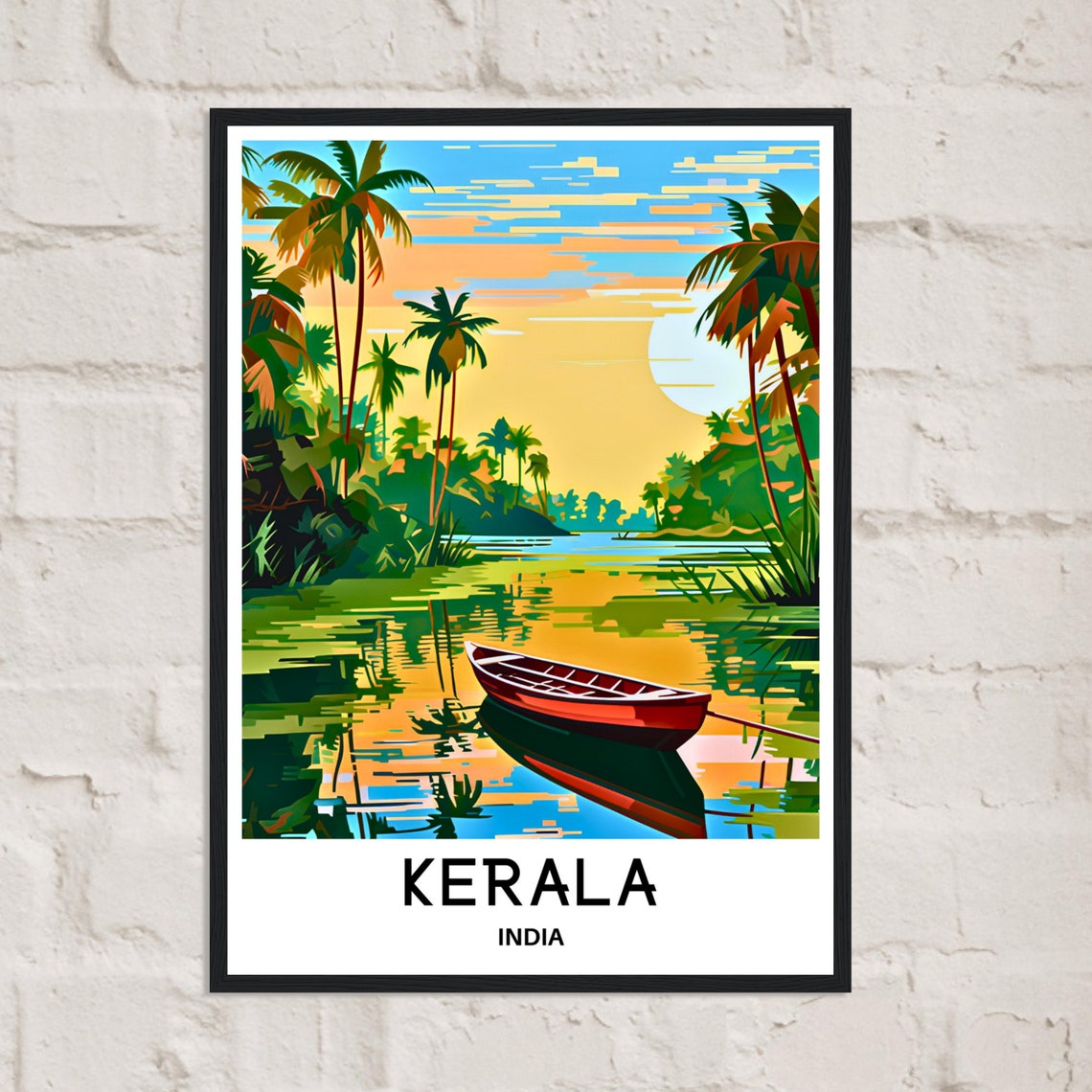 Kerala India Palm Backwaters Boat Sunset Illustration Travel Poster - Image 2