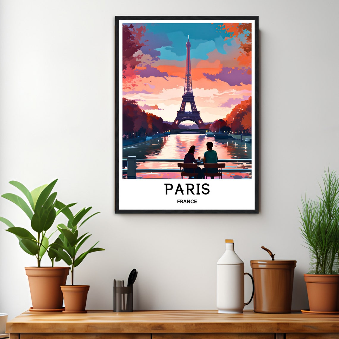 Paris France Eiffel Tower Sunset Couple by the Seine River Poster - Image 3