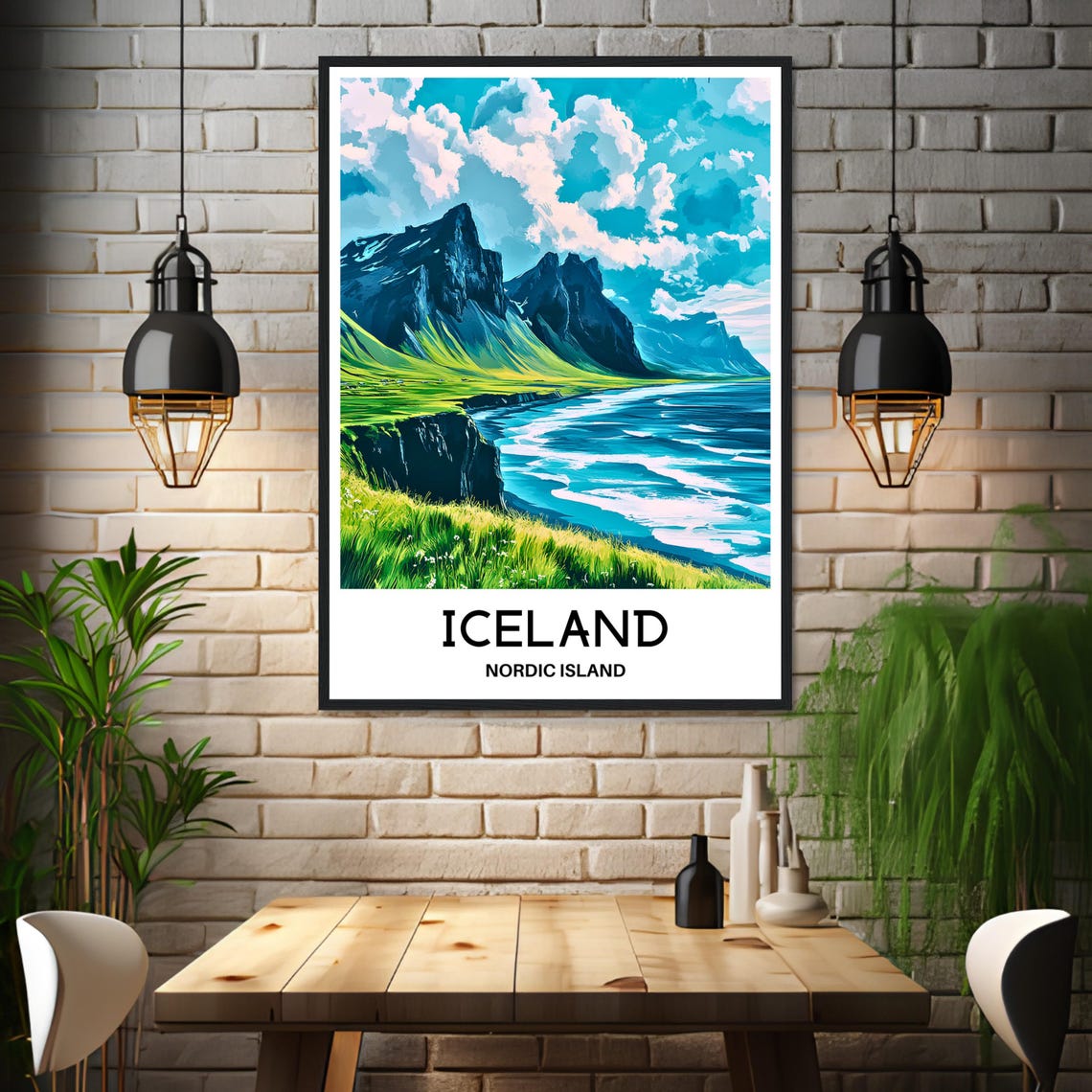 Iceland Nordic Island Green Coast Mountain Wave Scene Poster - Image 3