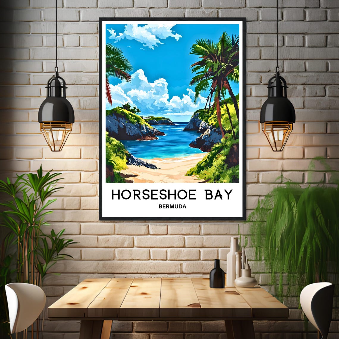Horseshoe Bay Bermuda Sandy Beach Cove Palm Trees Cliffs Travel Poster - Image 3