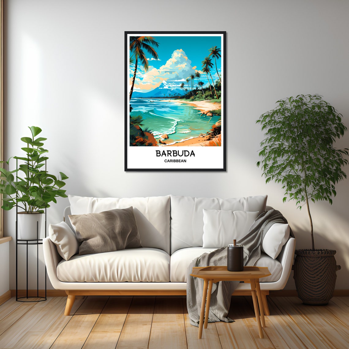 Barbuda Caribbean Palm Beach Volcano Tropical Island Travel Poster - Image 2