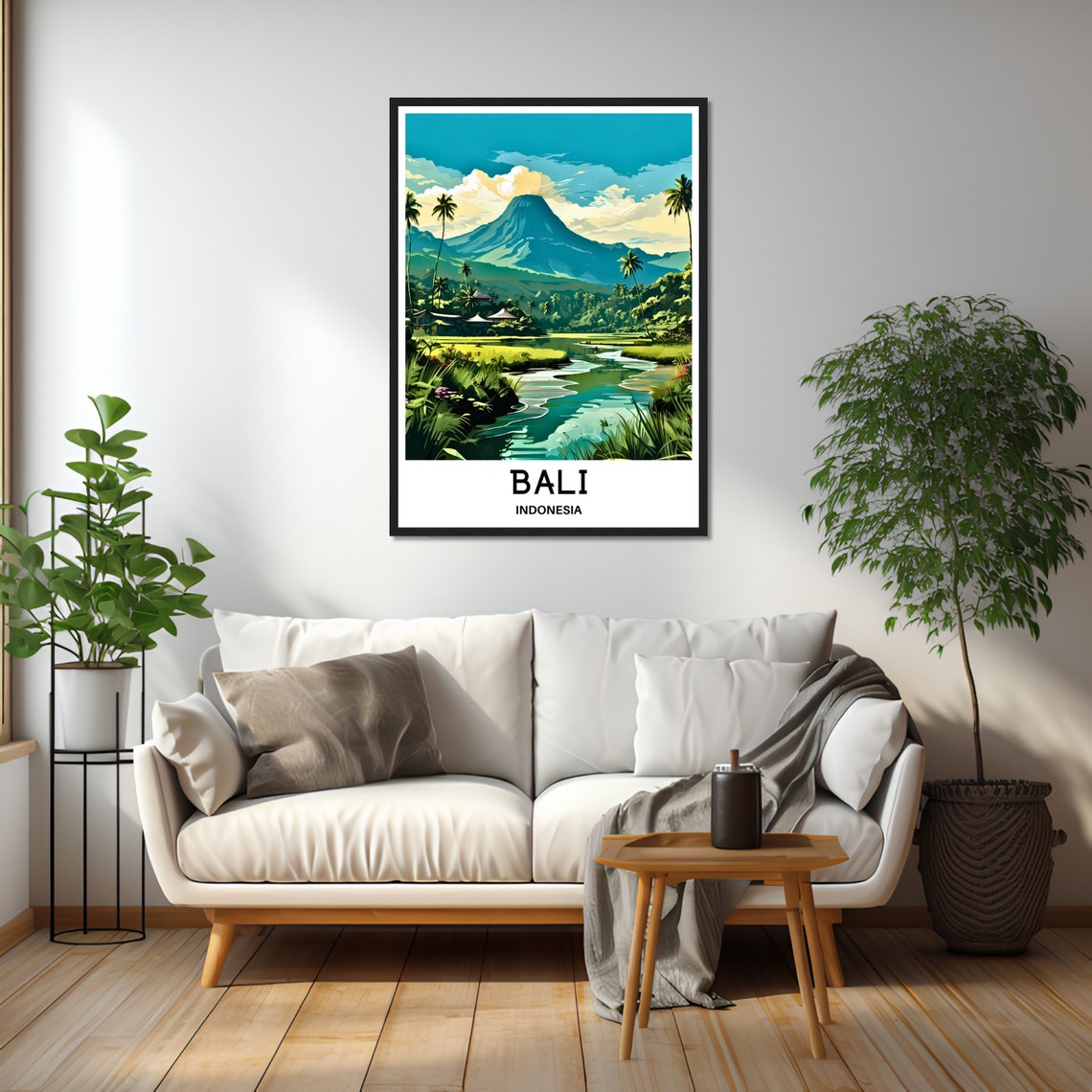 Bali Volcano Over Rice Fields And River Indonesia Travel Art Poster - Image 2