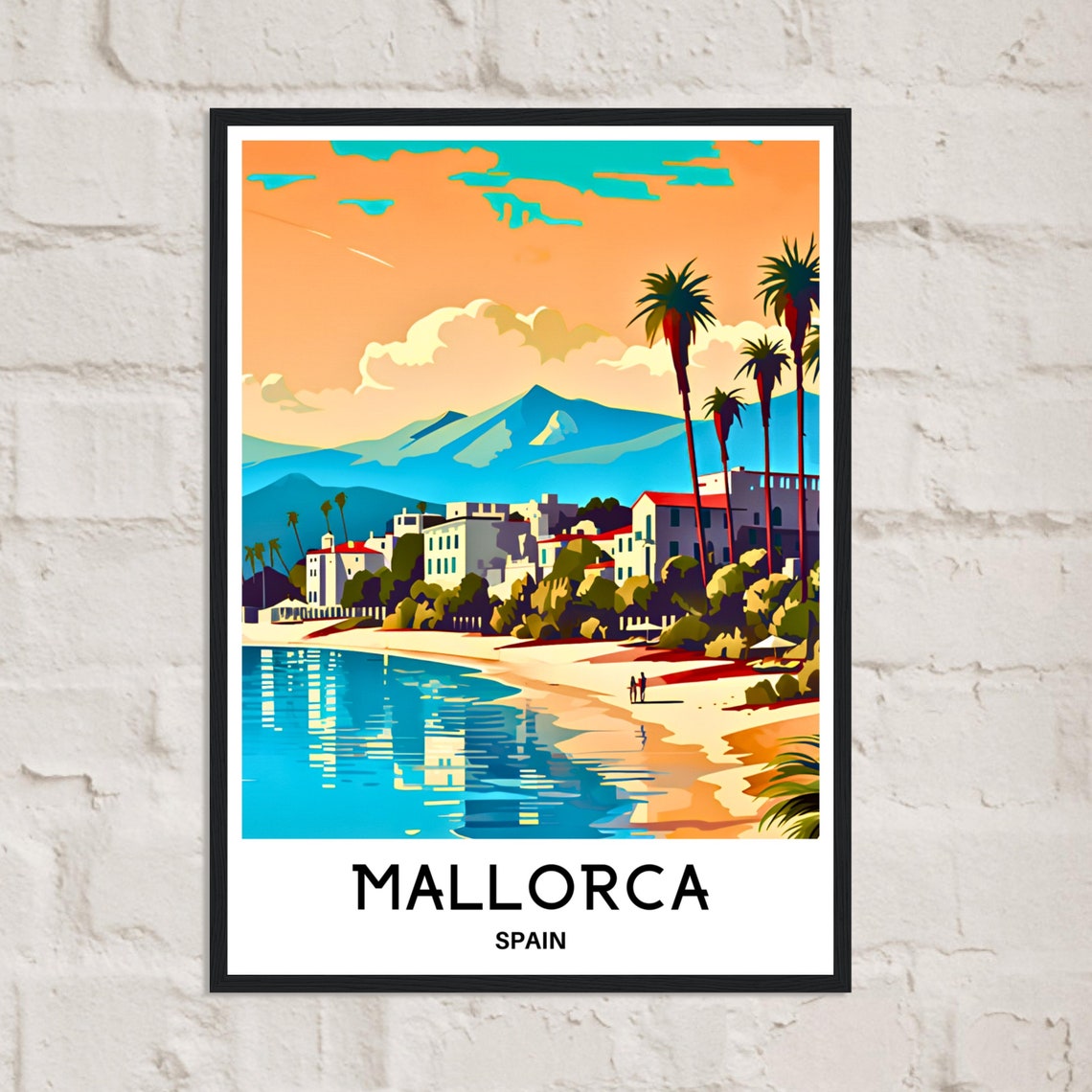 Mallorca Spain Beach with Palm Trees Mountain View Travel Poster - Image 3