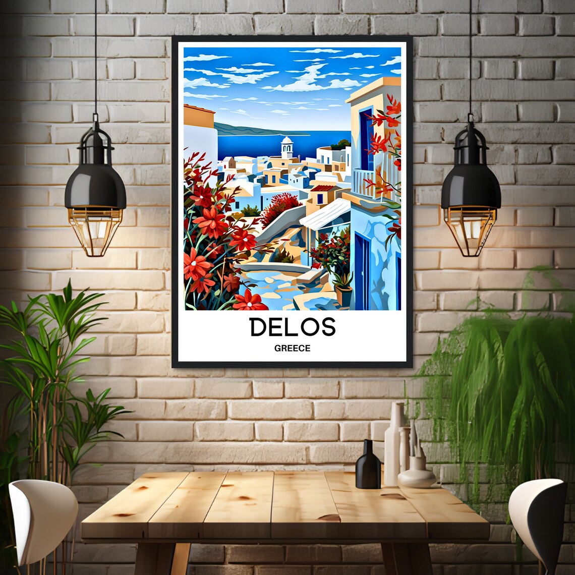 Delos Greece Cycladic Village With Red Flowers Travel Poster - Image 3