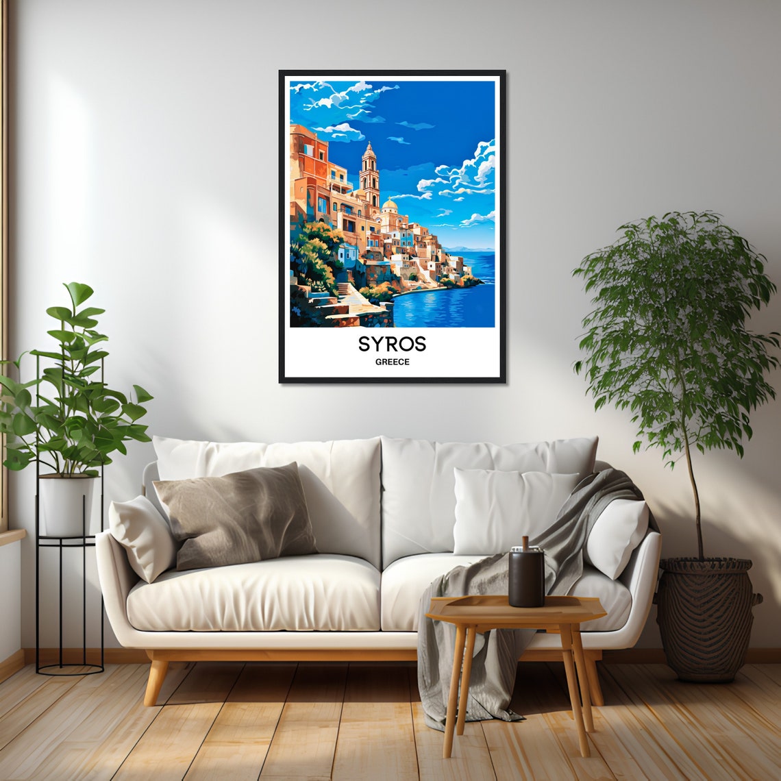 Syros Greece Hillside Old Town and Deep Blue Aegean Sea Poster - Image 2