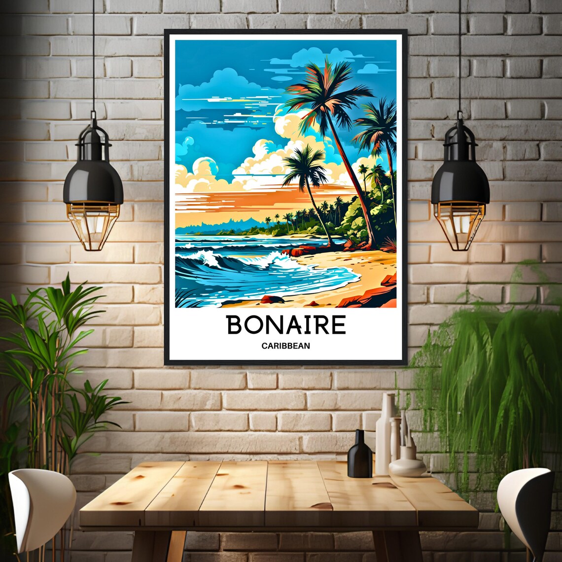 Caribbean Sunset Over Bonaire Palm Beach Ocean Surf Waves Poster - Image 3