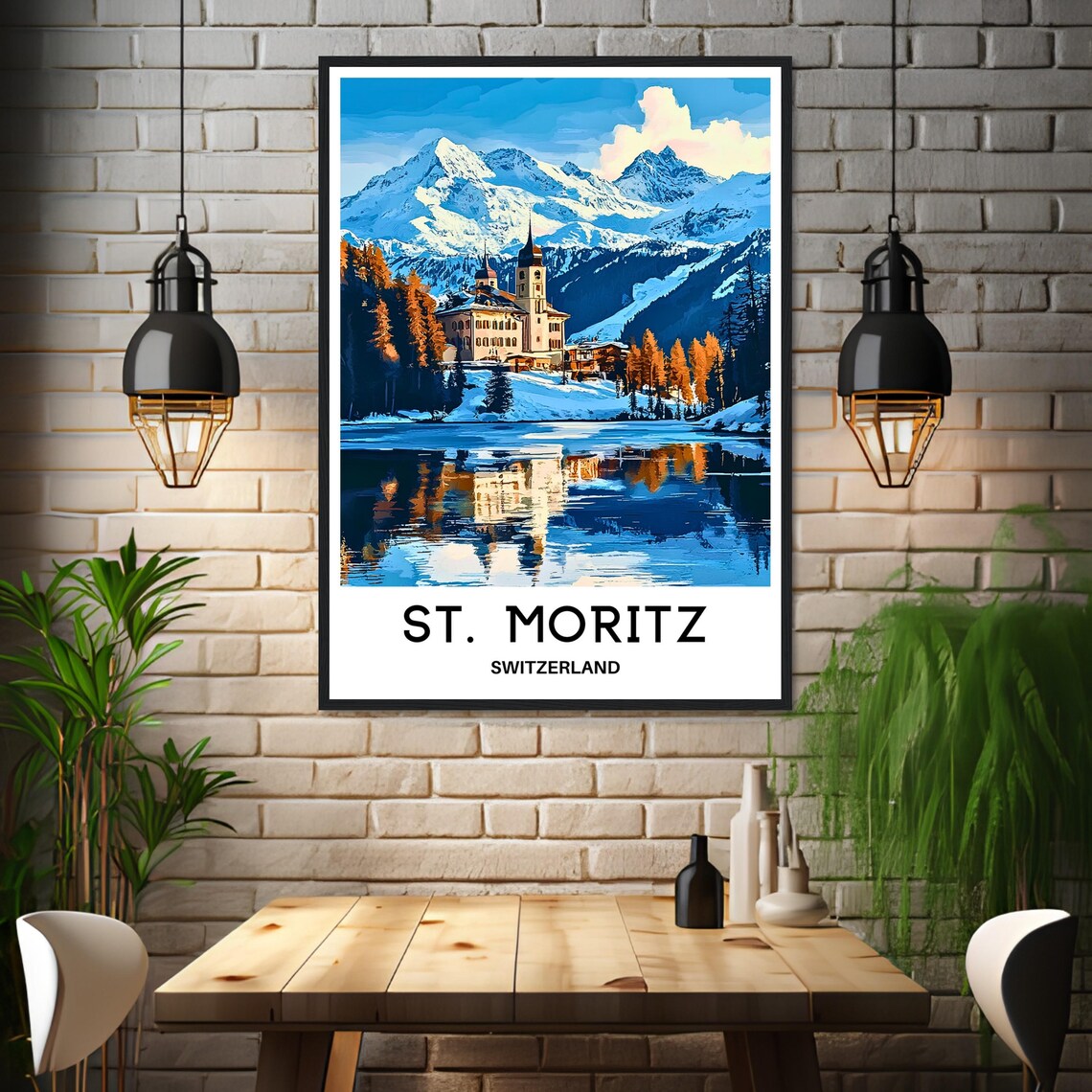 St. Moritz Switzerland Snowy Alpine Lake Village Church Winter Poster - Image 3