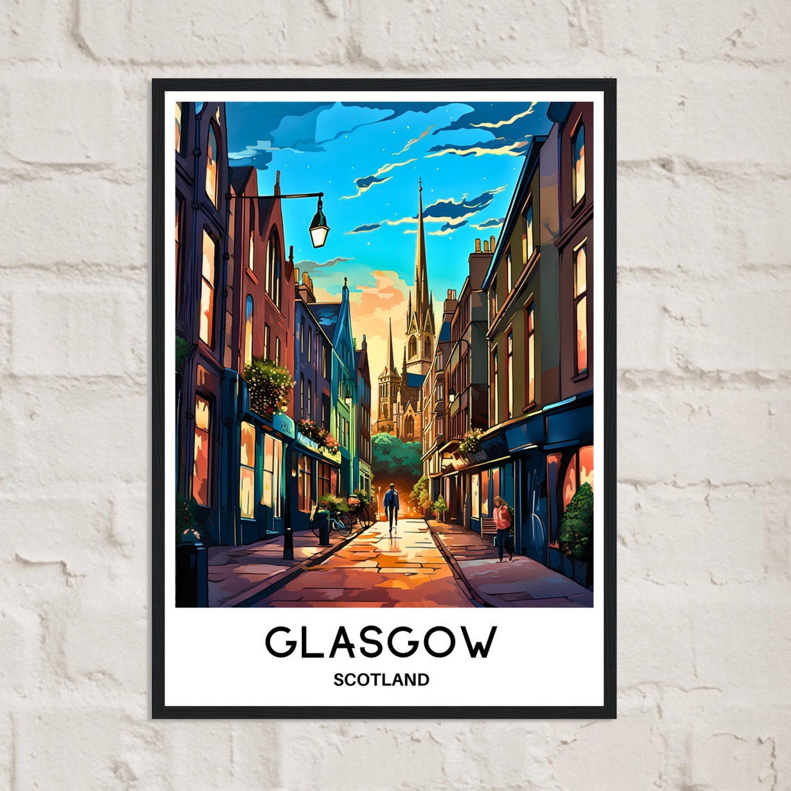 Glasgow Scotland Evening Old Street Church Spire Glow Travel Poster - Image 2