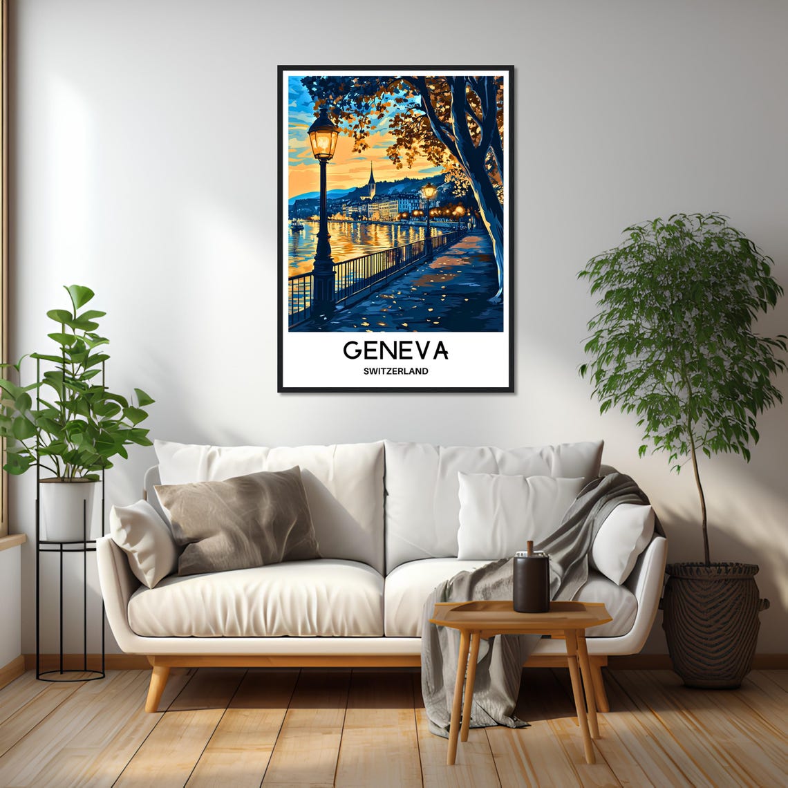 Geneva Switzerland Lakeside Promenade Night Lamps Travel Poster - Image 2