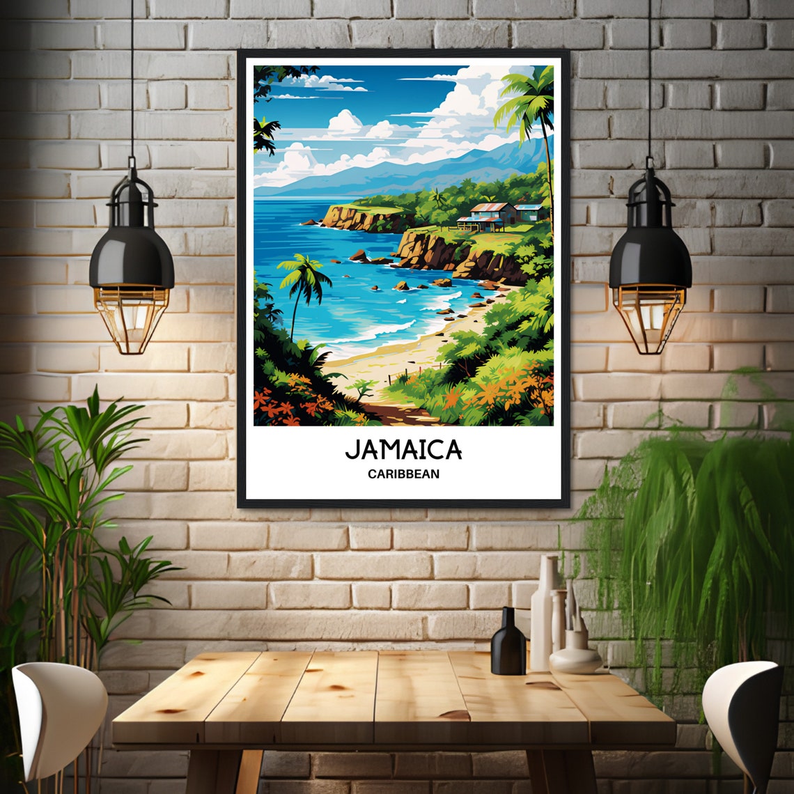 Jamaica Caribbean Rocky Cove Beach Cottage Palm Travel Poster - Image 3
