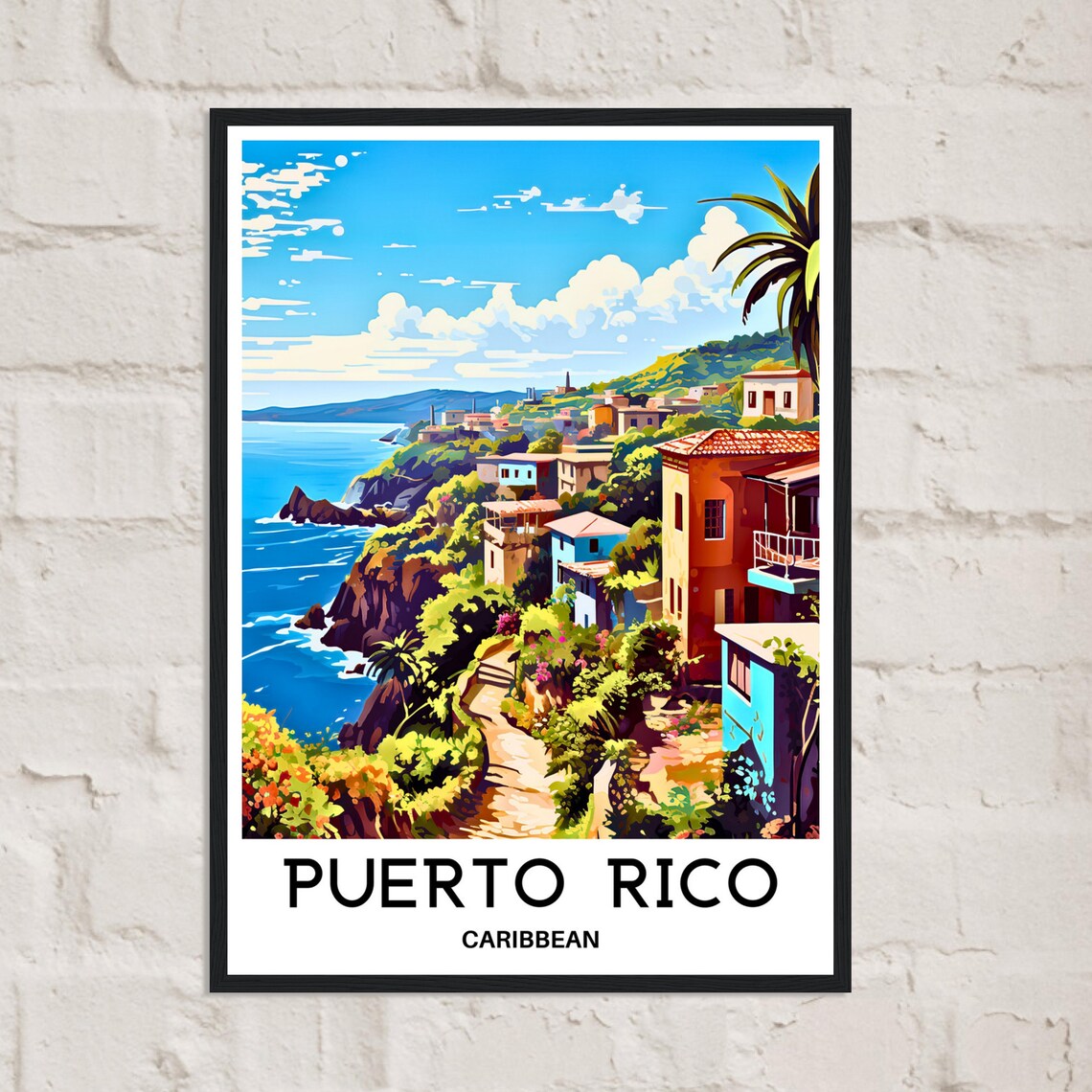 Puerto Rico Caribbean Coastal Cliffs Colorful Town Travel Poster - Image 2