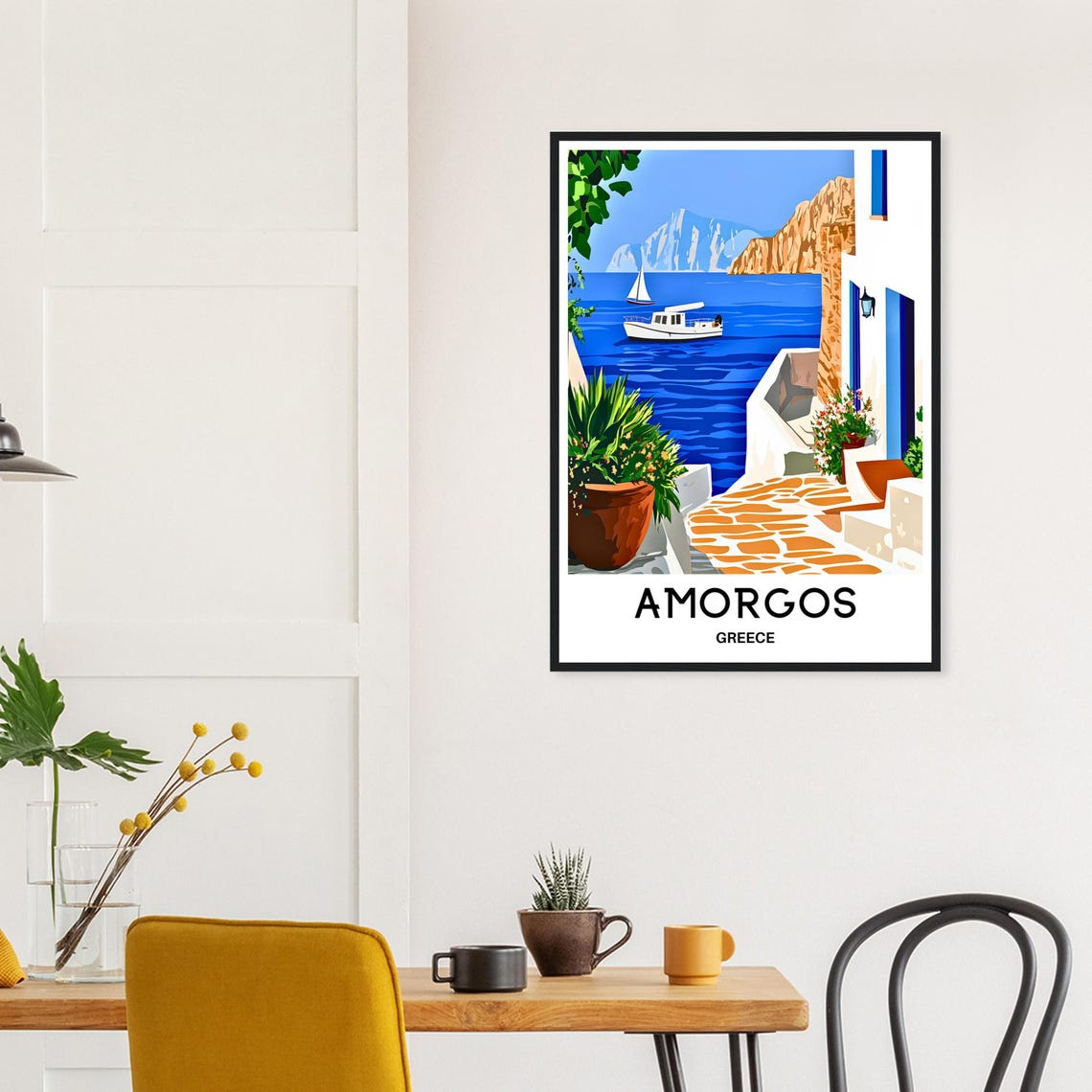 Amorgos Greece Whitewashed Harbor Boats Aegean Blue Sea Travel Poster - Image 3