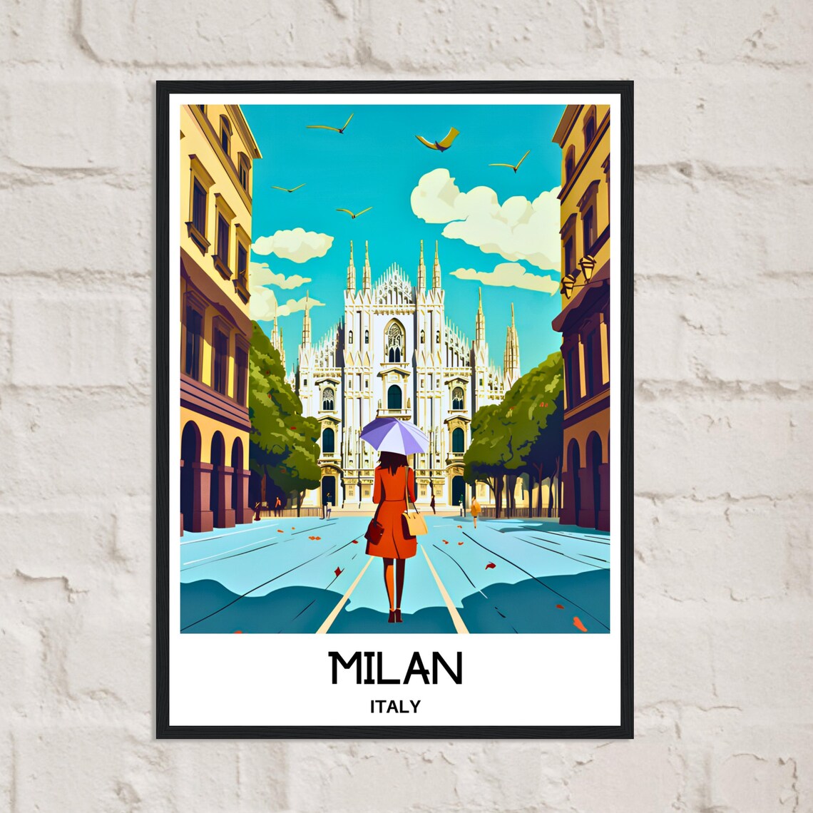 Milan Italy Travel Poster of the Duomo with a Woman Under an Umbrella - Image 2