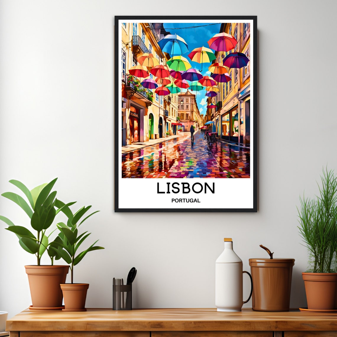 Lisbon Travel Print Lisbon Umbrella Street Poster Portuguese Art Print Portugal Lover Gift Wall Hanging Home Decor Lisbon Illustration - Image 2