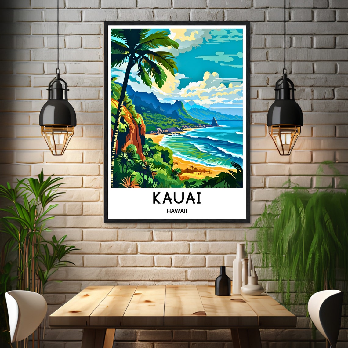 Kauai Hawaii Tropical Beach With Palms Illustrated Travel Poster - Image 3