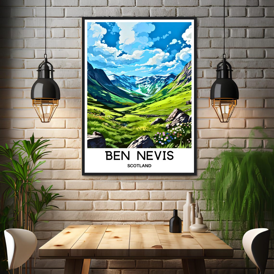 Ben Nevis Scotland Green Valley Snow Capped Peaks Wildflowers Poster - Image 3