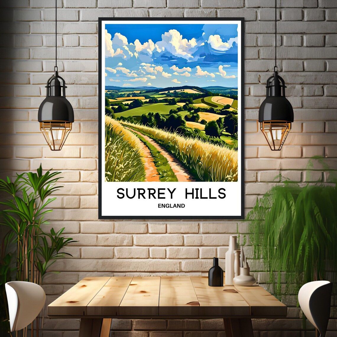 Surrey Hills England Golden Field Path Vintage Travel Art Poster - Image 3